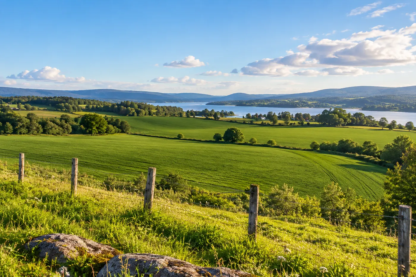 Green farm fields and a fence seen from a low hill
