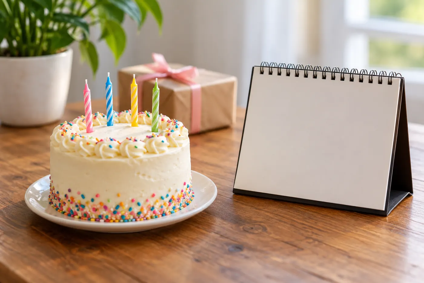 A small birthday cake with unlit candles beside a closed blank calendar on a wooden table