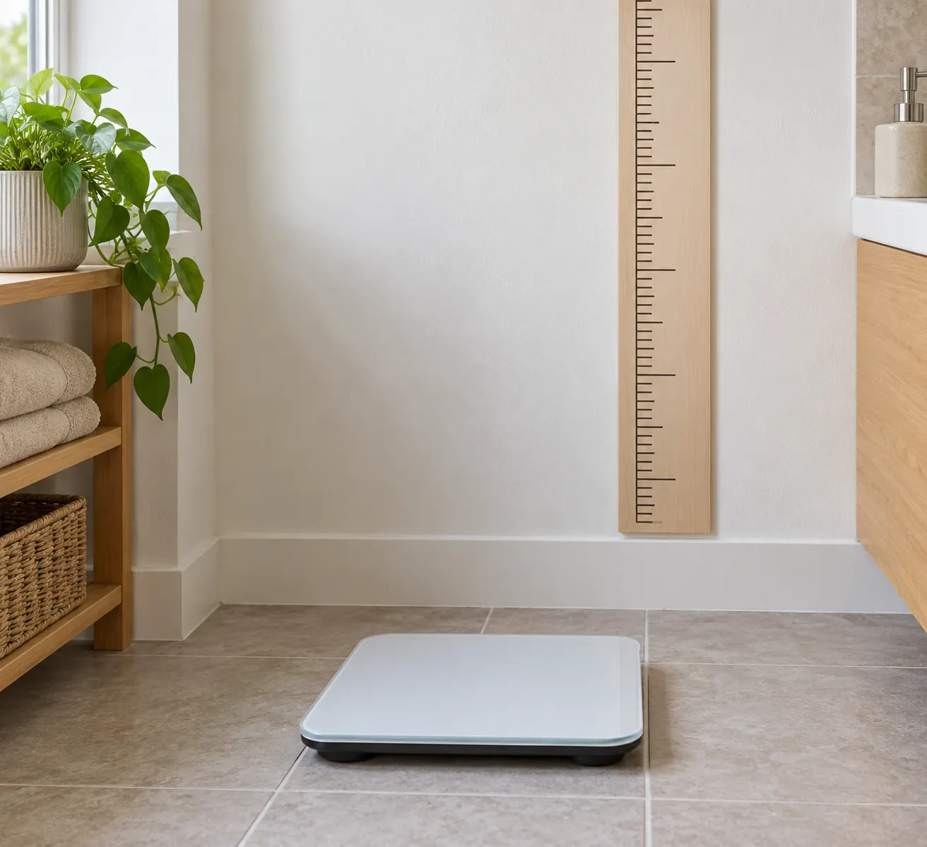 A bathroom scale and a wooden height chart on a wall.