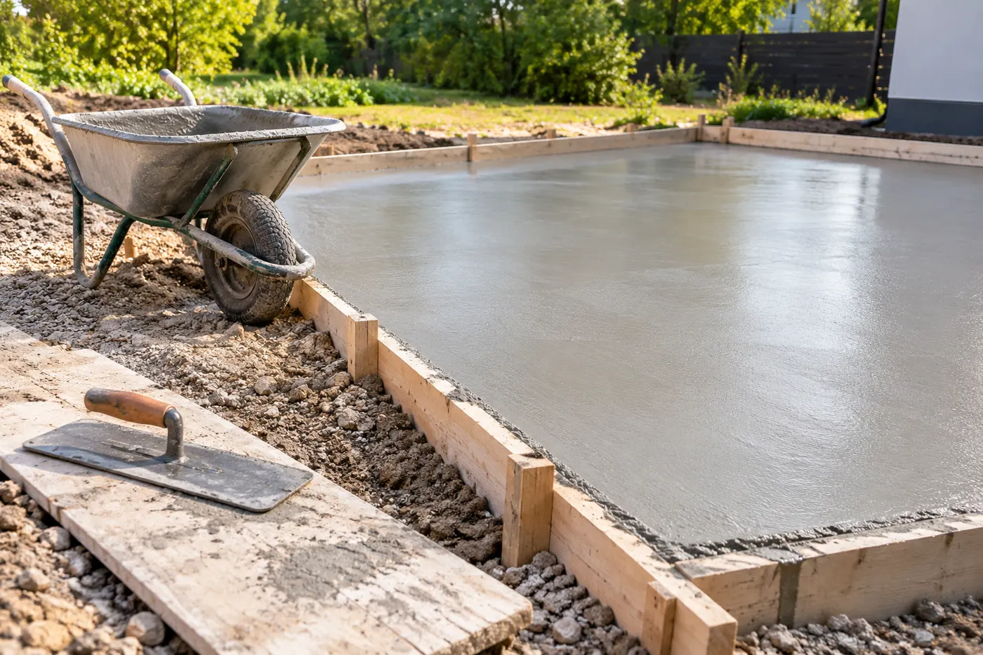 A freshly poured concrete slab with a wheelbarrow and a trowel