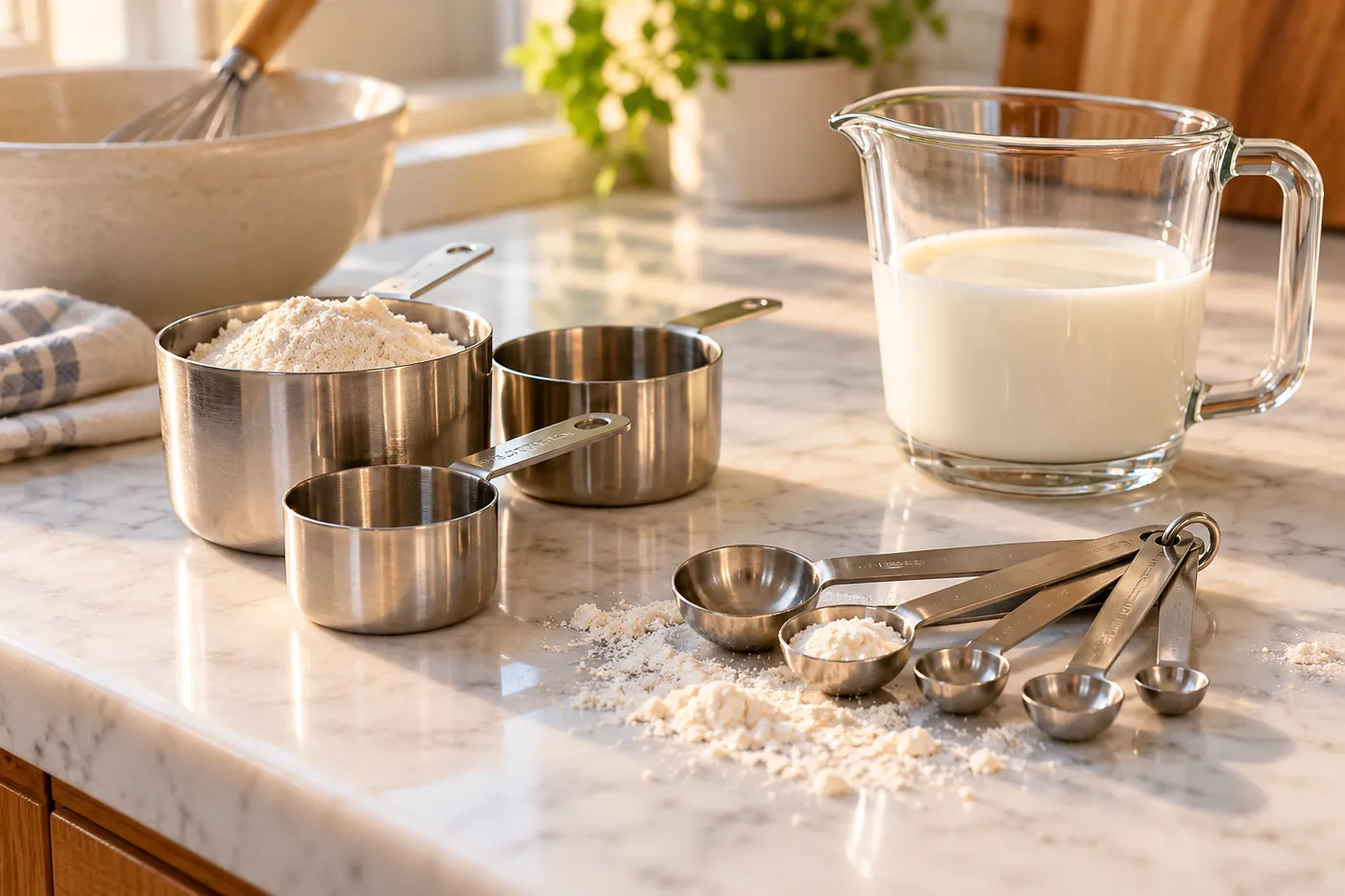 Stainless steel measuring cups and measuring spoons with flour on a marble kitchen counter, beside a glass measuring jug of milk