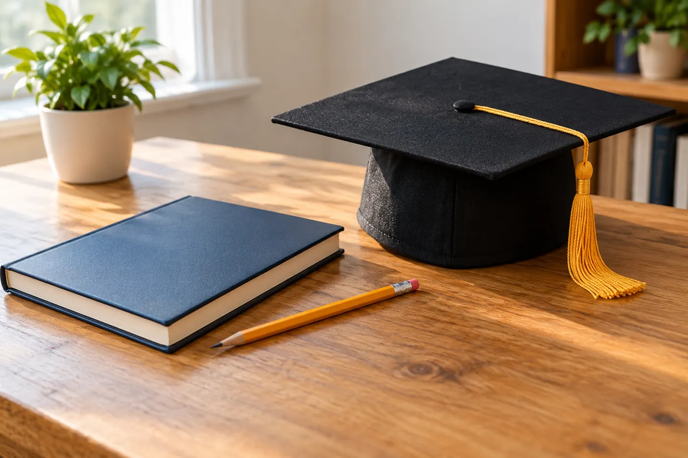 A wooden desk with a closed notebook, a pencil, and a graduation cap