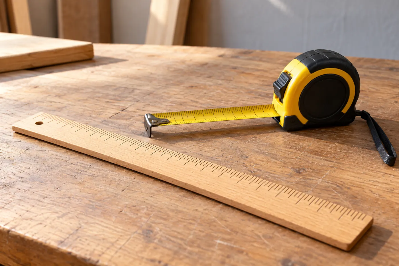 A wooden ruler and a tape measure on a plain workbench
