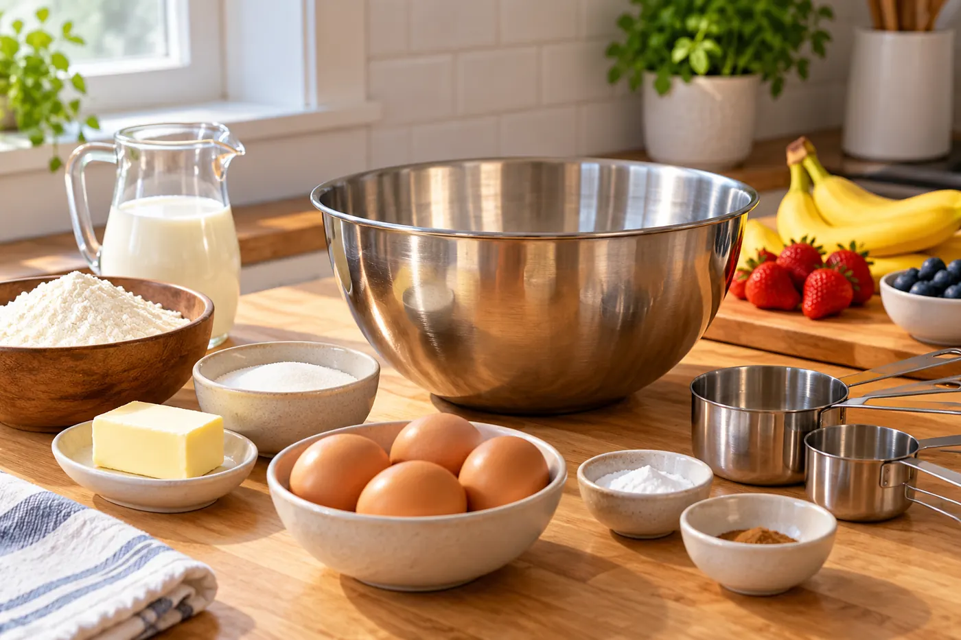 Mixing bowl, measuring cups, and ingredients on a kitchen counter