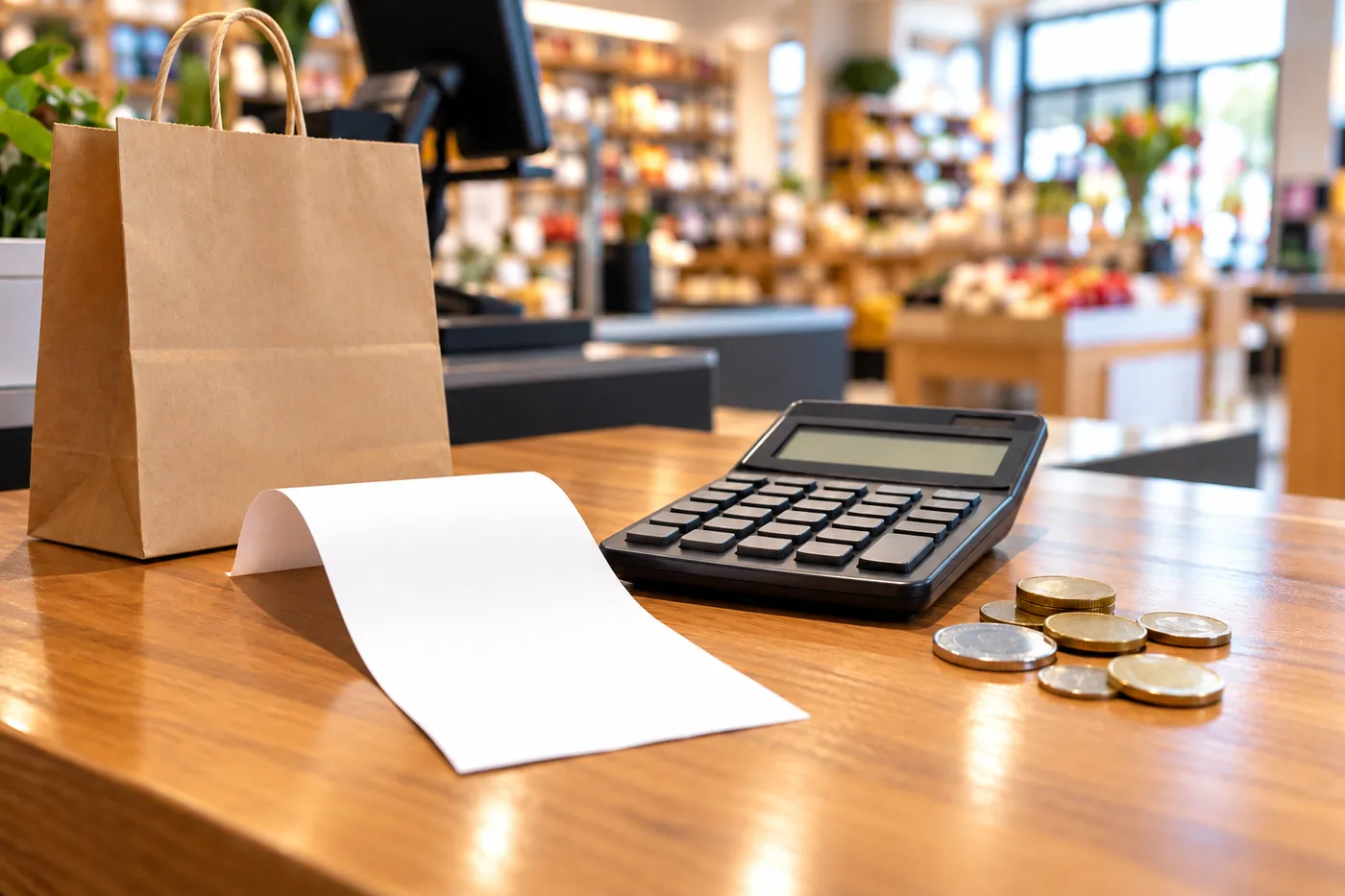 A blank shopping receipt, a desk calculator, coins and a paper shopping bag on a wooden store checkout counter