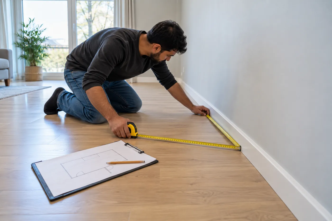 A man kneeling on a light wood floor, stretching a yellow tape measure along the baseboard of an empty room, with a clipboard room sketch and pencil beside him