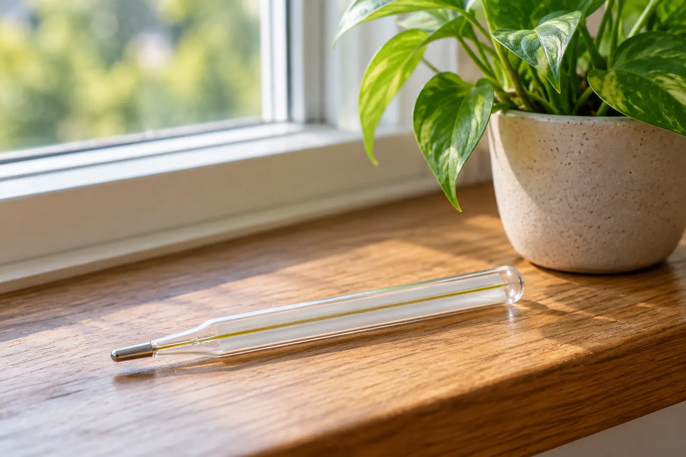 A plain glass thermometer and a small potted plant on a wooden windowsill