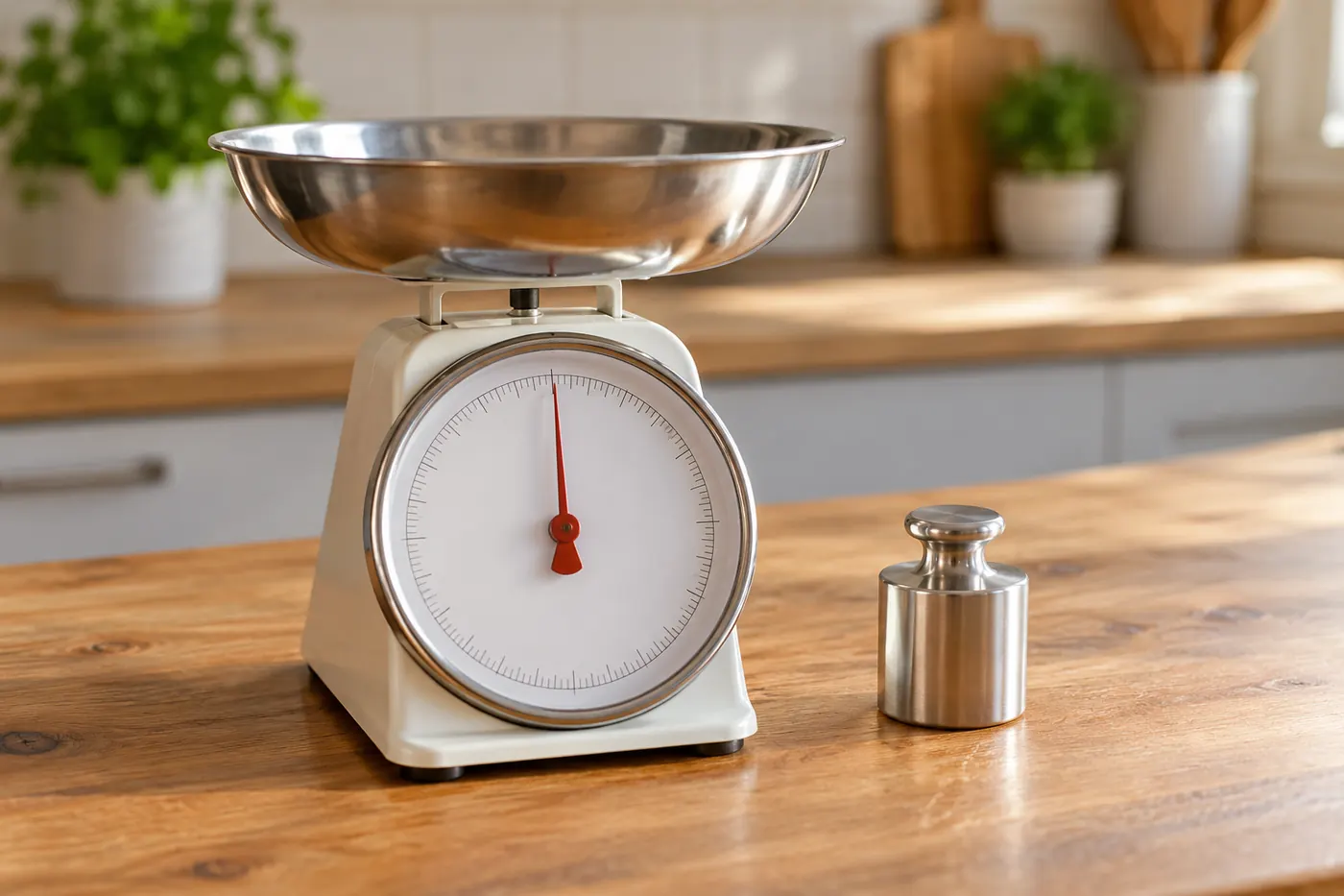 A kitchen scale and a small metal weight on a wooden counter